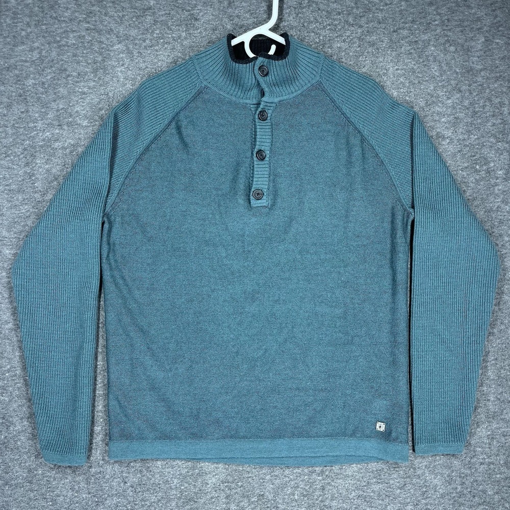 Smartwool Pioneer Ridge Henley Sweater Mens L Green High Collar 1/2 Button